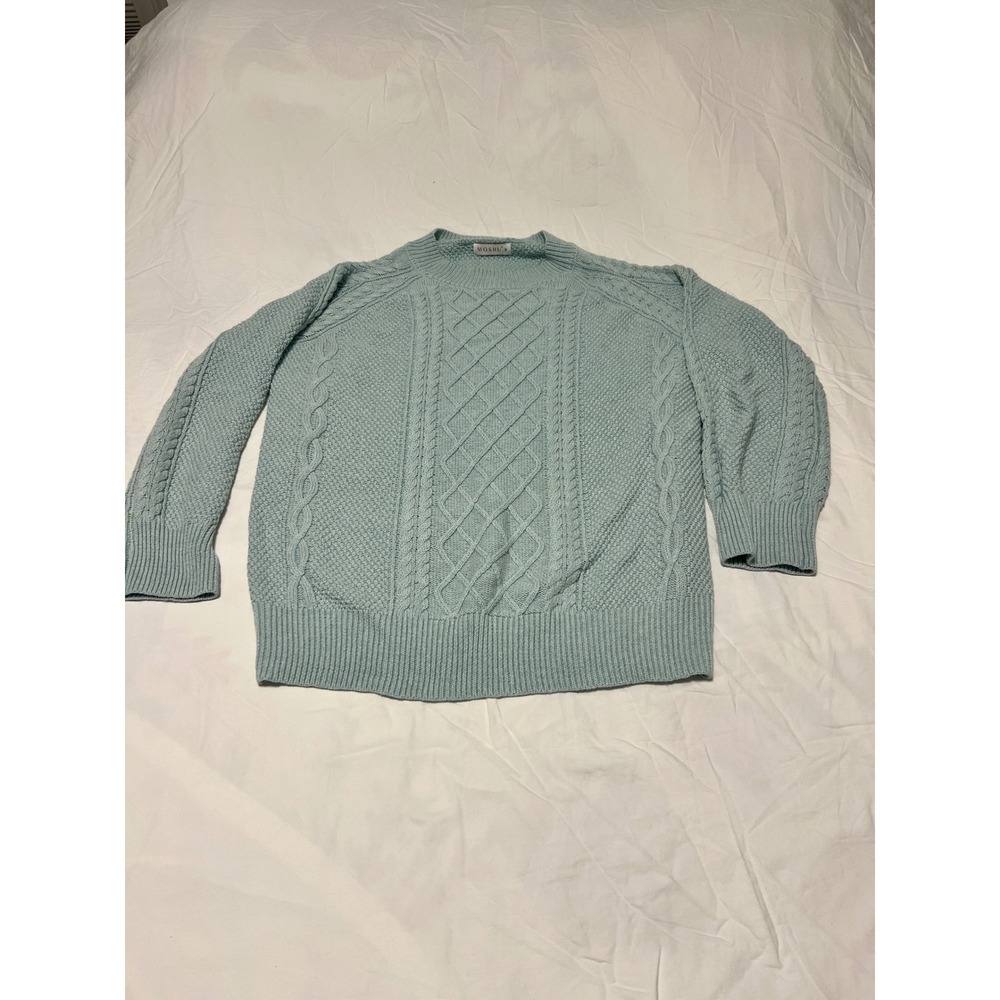 Moshu Womens Cable Knit Sweater Light Blue Crew Neck Long Sleeve Size M